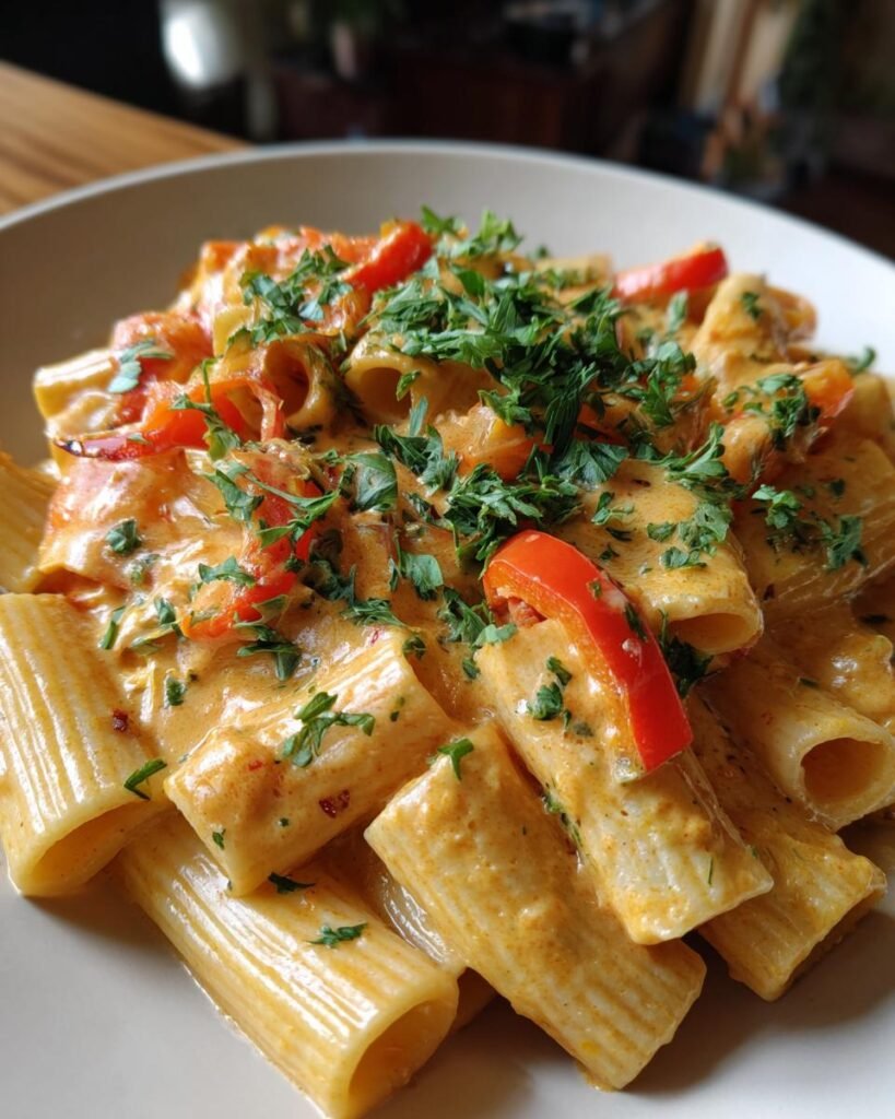 Close-up of Rigatoni mit Paprika-Sahne-Soße, a creamy pasta dish with peppers and parsley.