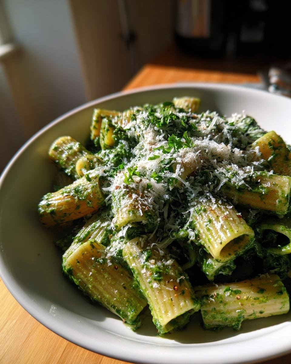 Close-up of Rigatoni mit Spinat-Sahne und Parmesan, topped with fresh herbs and grated Parmesan cheese.