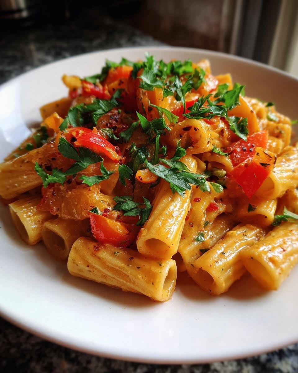 Close-up of Rigatoni mit Paprika-Sahne-Soße, a creamy pasta dish with peppers and parsley.