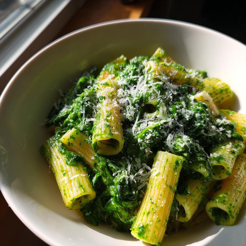 Bowl of Rigatoni mit Spinat-Sahne und Parmesan, a creamy spinach pasta dish topped with parmesan cheese.