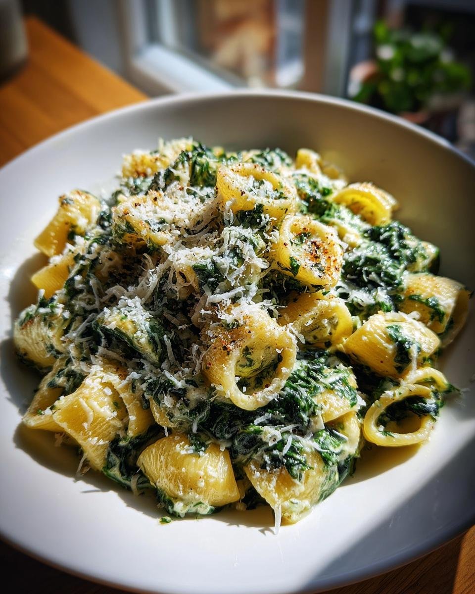 Close-up of Rigatoni mit Spinat-Sahne und Parmesan, a creamy pasta dish with spinach and parmesan cheese.