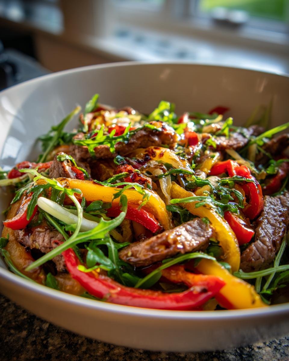 Bowl of Rinderstreifen-Salat mit Paprika, featuring beef strips, bell peppers, and arugula.