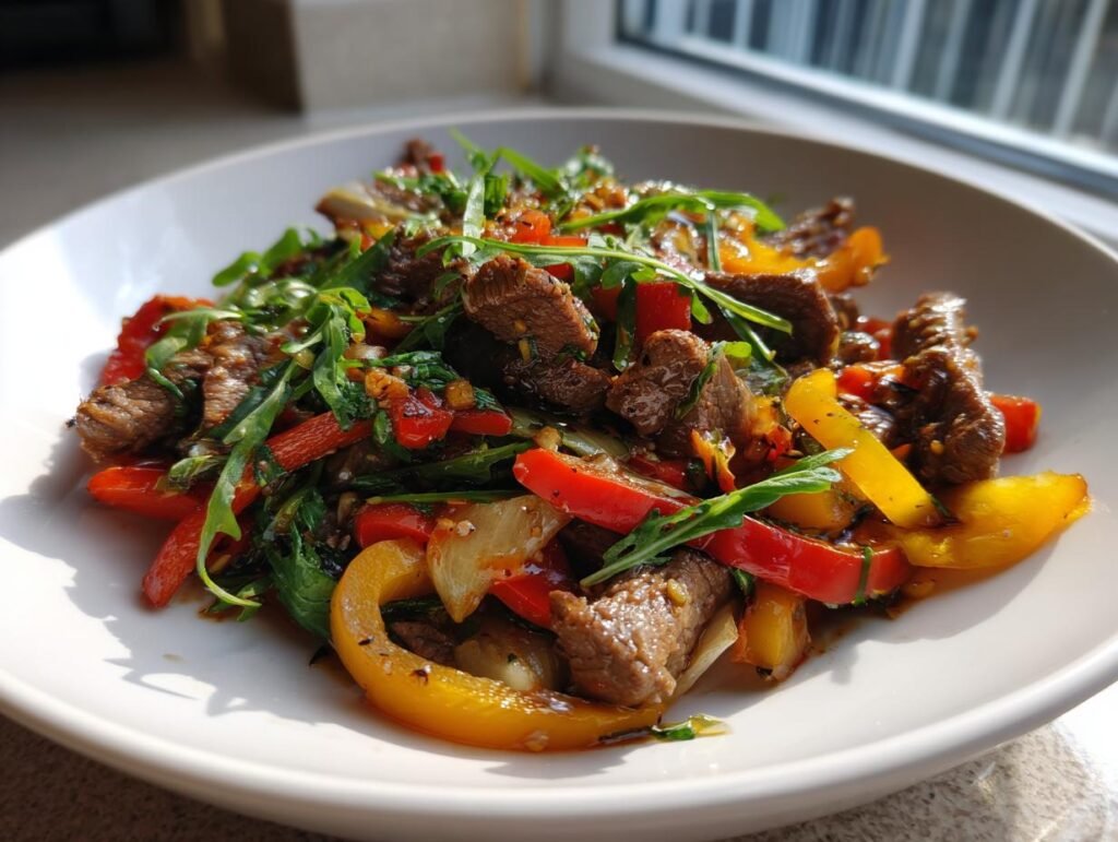 Close-up of Rinderstreifen-Salat mit Paprika, featuring beef strips, bell peppers, and fresh arugula.