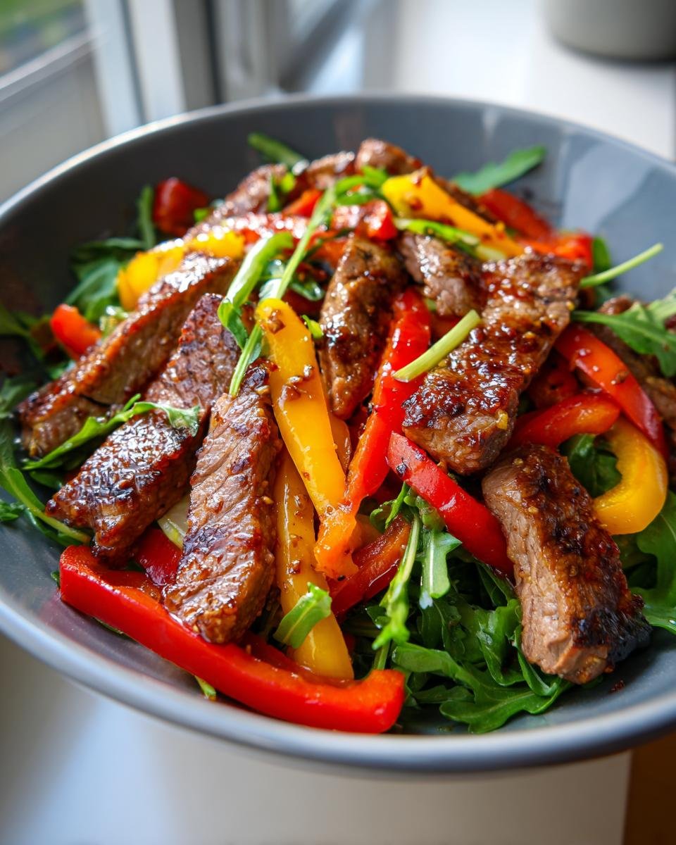 Bowl of Rinderstreifen-Salat mit Paprika featuring beef strips, red and yellow peppers, and arugula.