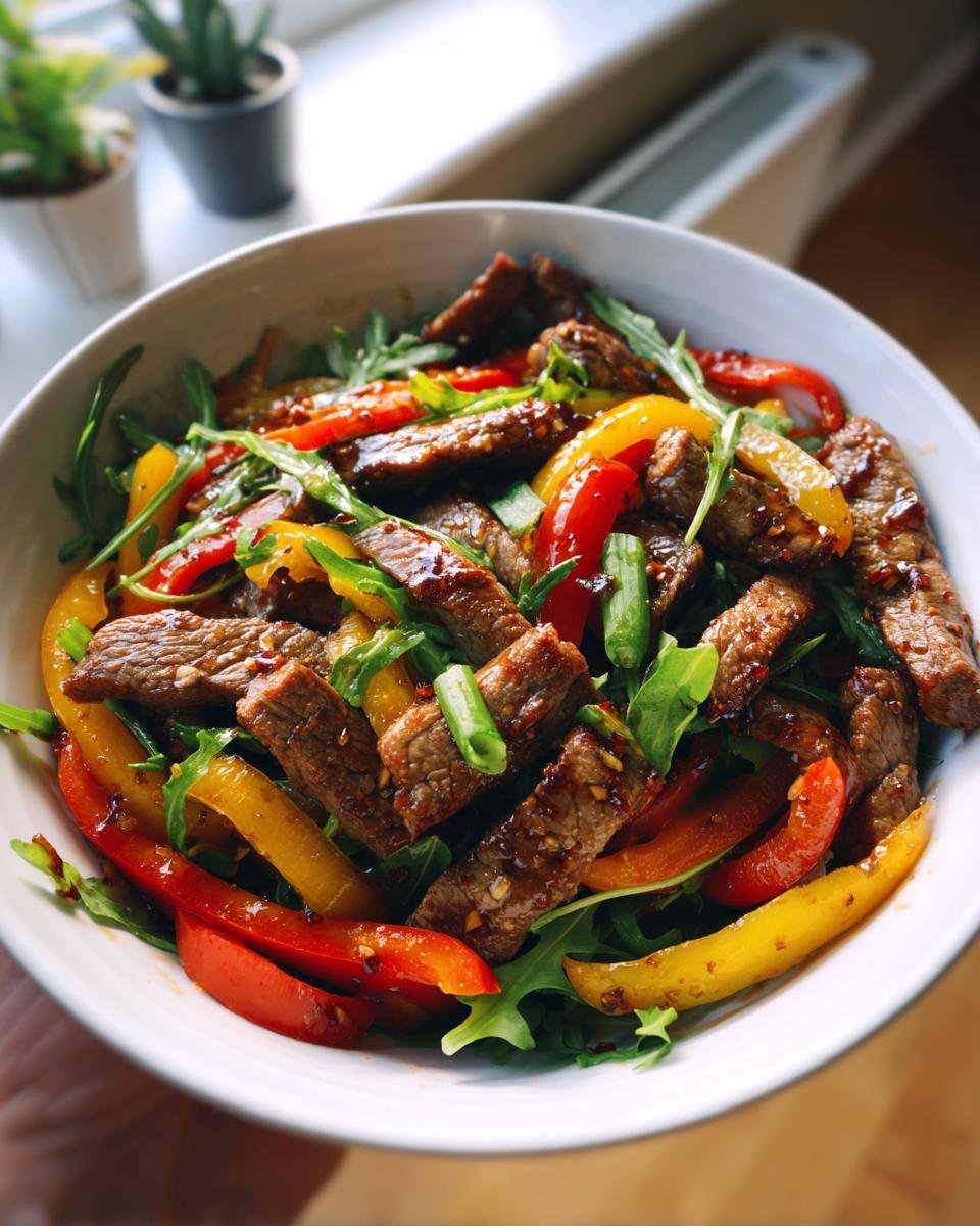 Close-up of Rinderstreifen-Salat mit Paprika, featuring beef strips, colorful bell peppers, and greens in a white bowl.