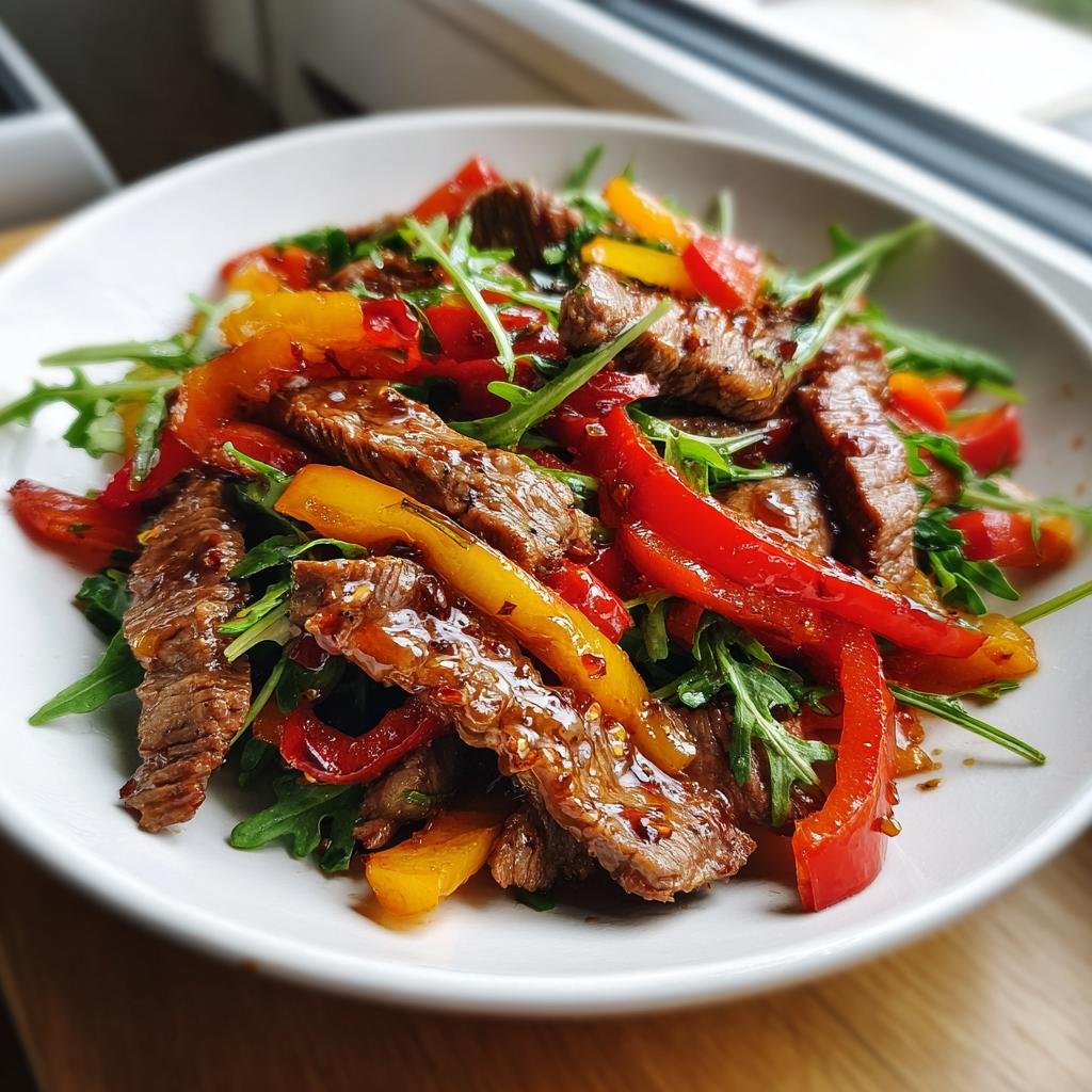 Close-up of Rinderstreifen-Salat mit Paprika, featuring beef strips, peppers, and arugula on a white plate.