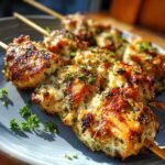 Close-up of Saftige Hähnchen-Spieße mit Knoblauch & Parmesan, grilled and garnished with parsley.