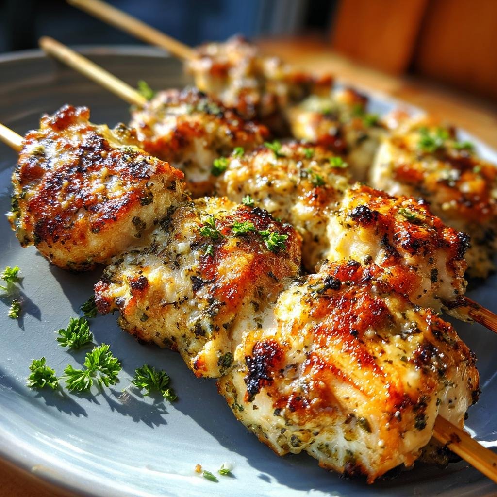 Close-up of Saftige Hähnchen-Spieße mit Knoblauch & Parmesan, grilled and garnished with parsley.