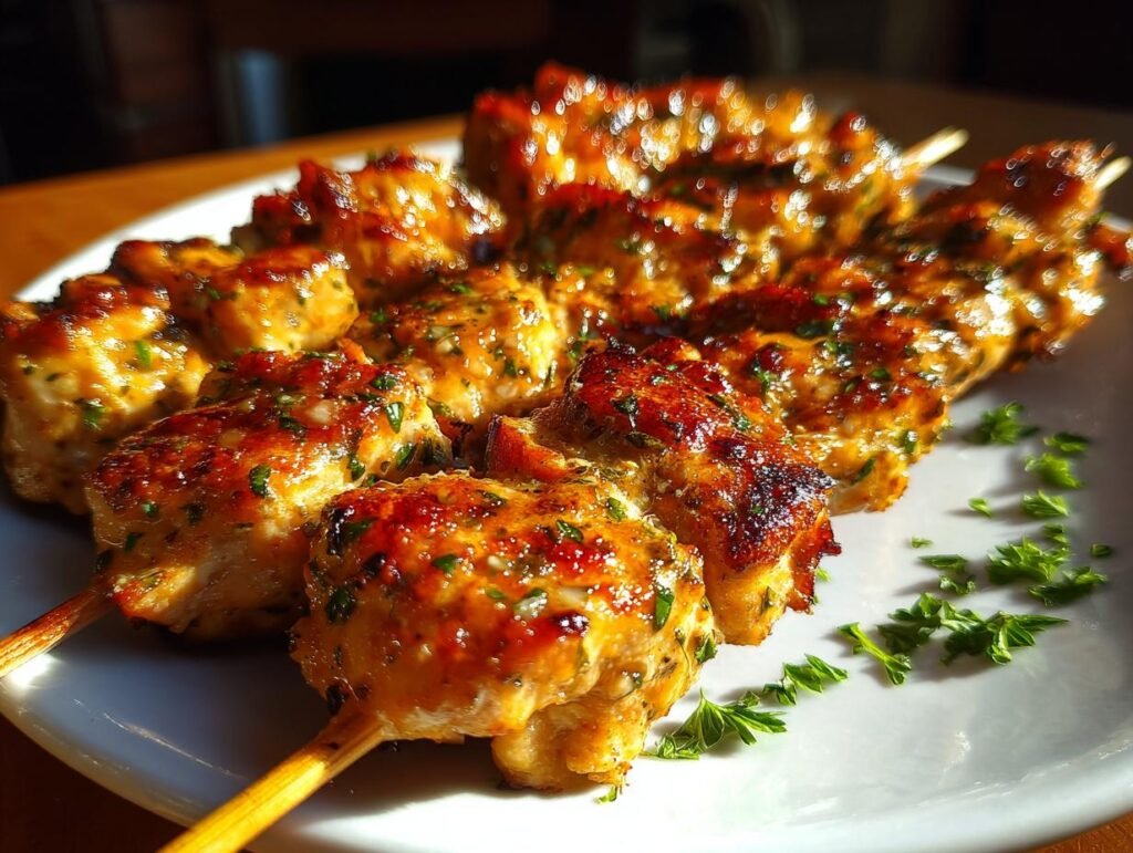 Saftige Hähnchen-Spieße mit Knoblauch & Parmesan, garnished with parsley, on a white plate.