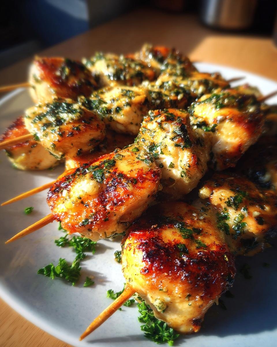 Close-up of Saftige Hähnchen-Spieße mit Knoblauch & Parmesan on a plate, garnished with parsley.