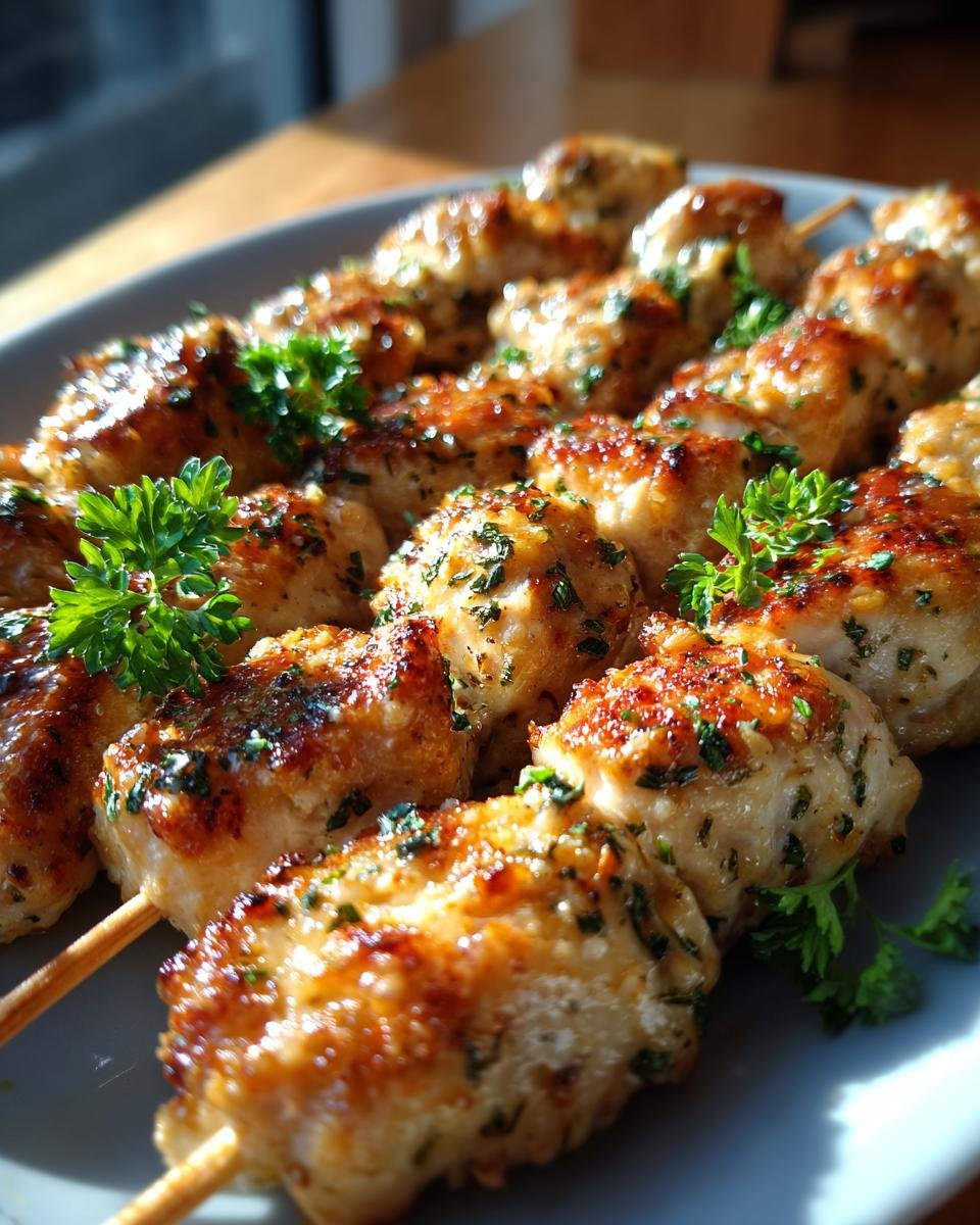 Nahaufnahme von saftigen Hähnchen-Spießen mit Knoblauch & Parmesan, garniert mit frischer Petersilie.