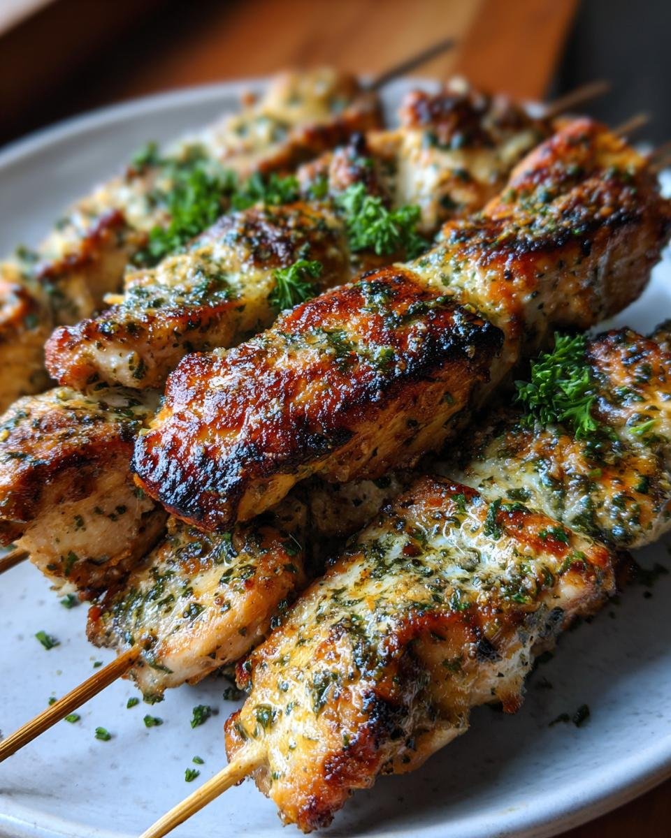 Close-up of Saftige Hähnchen-Spieße mit Knoblauch & Parmesan, garnished with fresh parsley on a plate.
