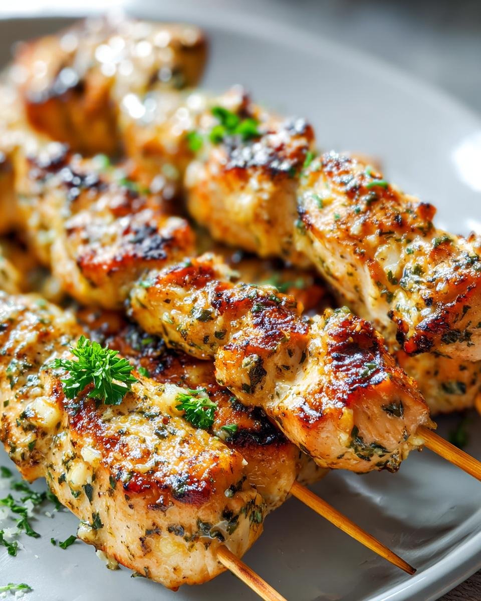 Close-up of Saftige Hähnchen-Spieße mit Knoblauch & Parmesan, garnished with parsley, on a grey plate.
