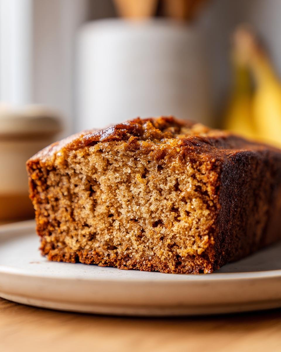 Close-up of Saftiges High-Protein Bananenbrot mit Griechischem Joghurt on a plate, showing the moist texture.