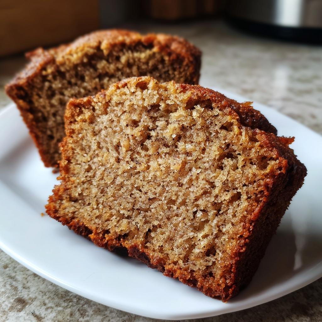 Close-up of a slice of Saftiges High-Protein Bananenbrot mit Griechischem Joghurt on a white plate.