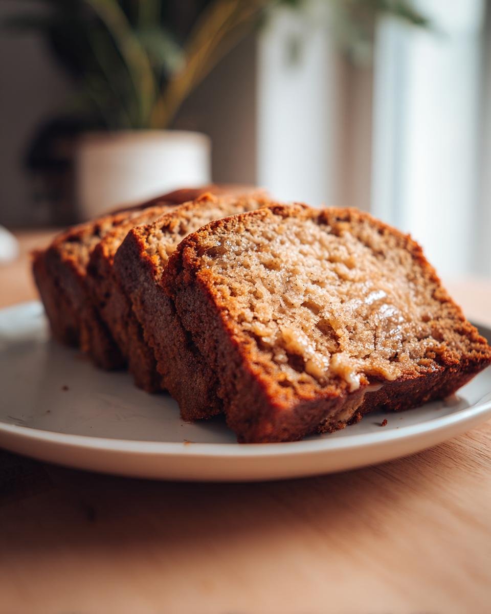 Drei Scheiben saftiges High-Protein Bananenbrot mit Griechischem Joghurt auf einem Teller.