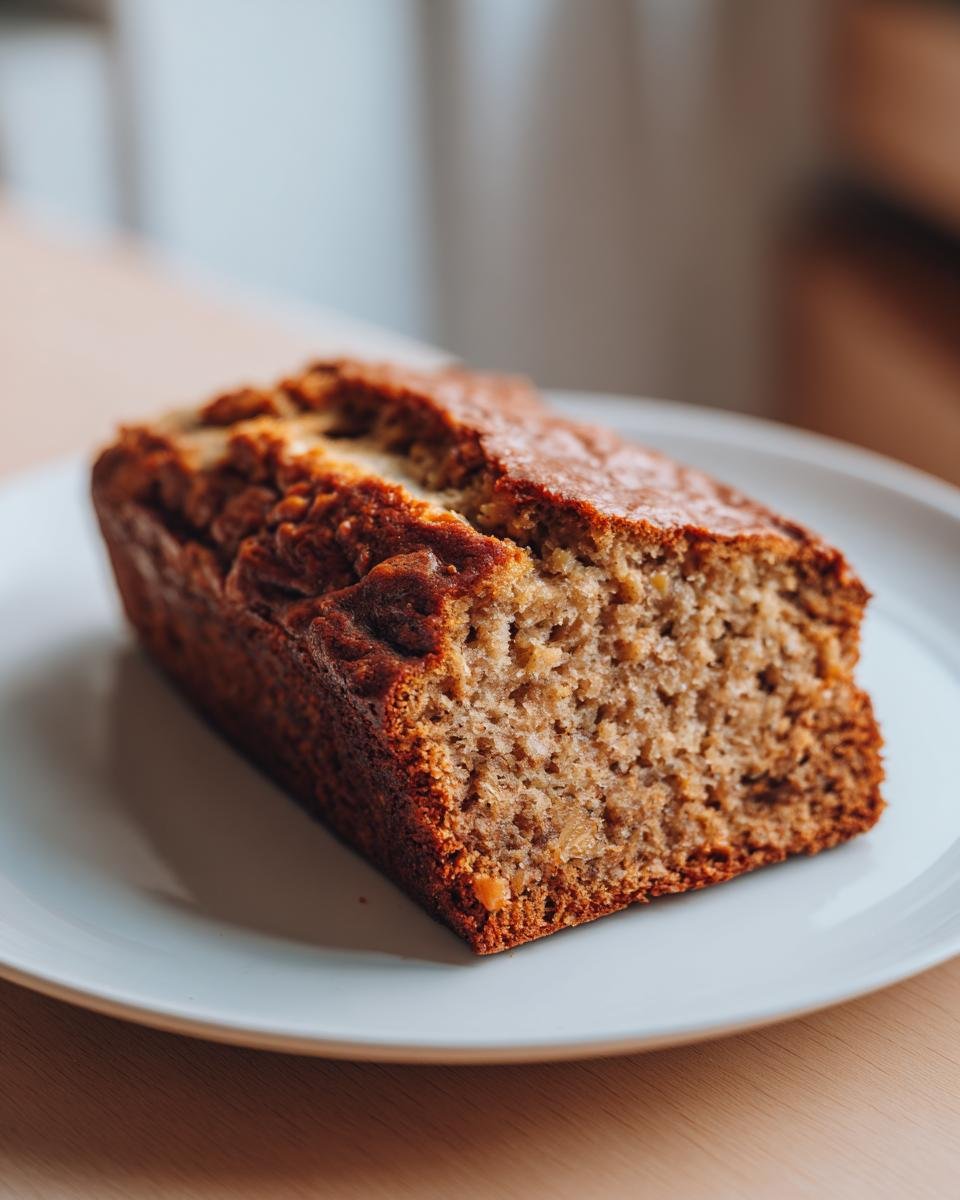 A slice of Saftiges High-Protein Bananenbrot mit Griechischem Joghurt on a white plate.
