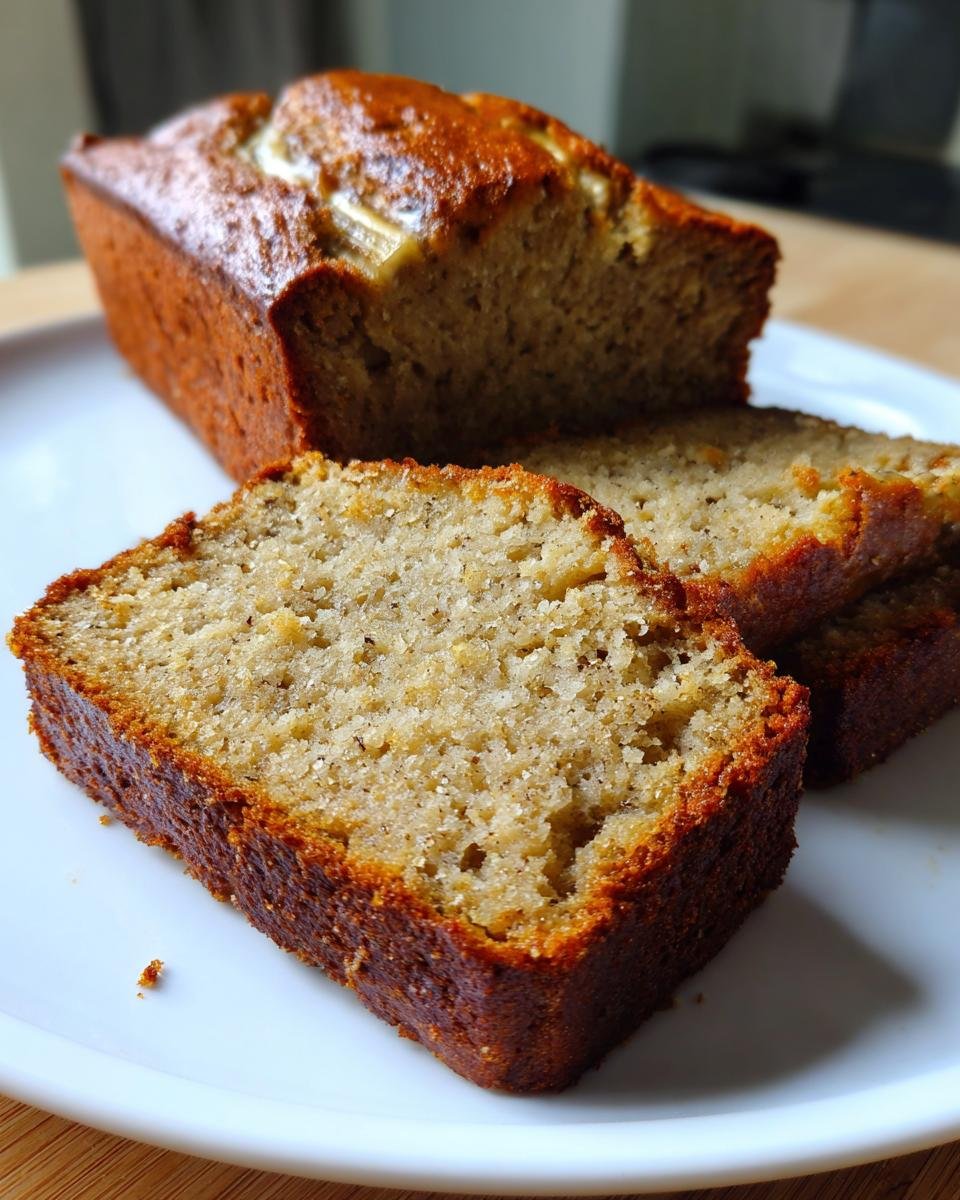 Slices of Saftiges High-Protein Bananenbrot mit Griechischem Joghurt on a white plate, loaf in background.