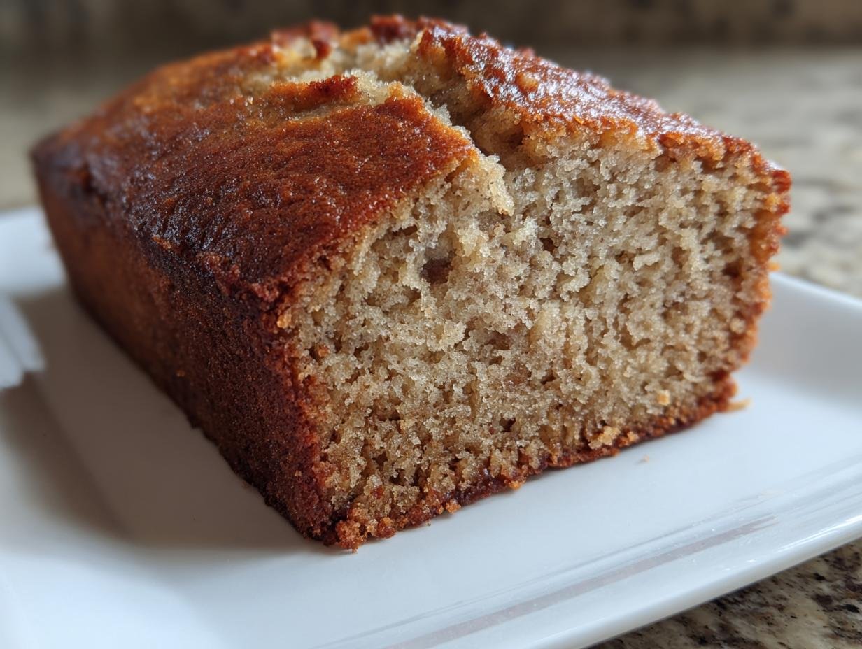 Close-up of Saftiges High-Protein Bananenbrot mit Griechischem Joghurt on a white plate, showing its moist texture.