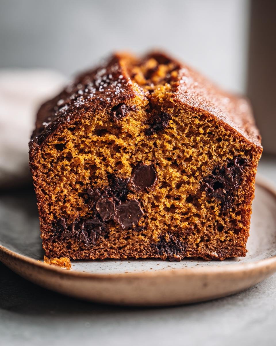 Close-up of Saftiges Kürbisbrot mit Schokoladenstückchen, showing the texture and chocolate chips.