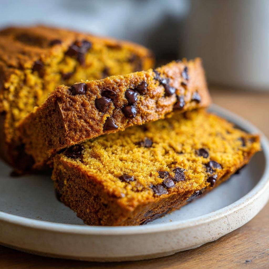 Two slices of Saftiges Kürbisbrot mit Schokoladenstückchen on a plate, showcasing the texture and chocolate chips.