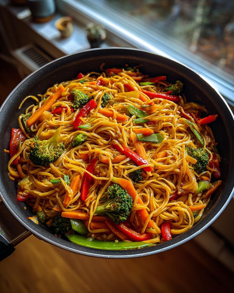 Overhead shot of Schnelle Chinesische Gebratene Nudeln mit Gemüse in a pan, featuring noodles, broccoli, peppers, and carrots.