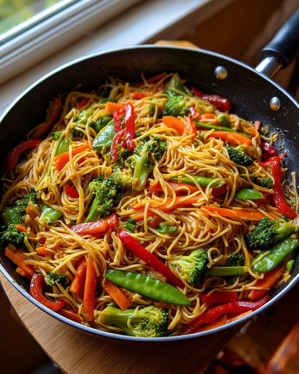 Pfanne mit Schnelle Chinesische Gebratene Nudeln mit Gemüse, darunter Brokkoli, Paprika und Karotten.