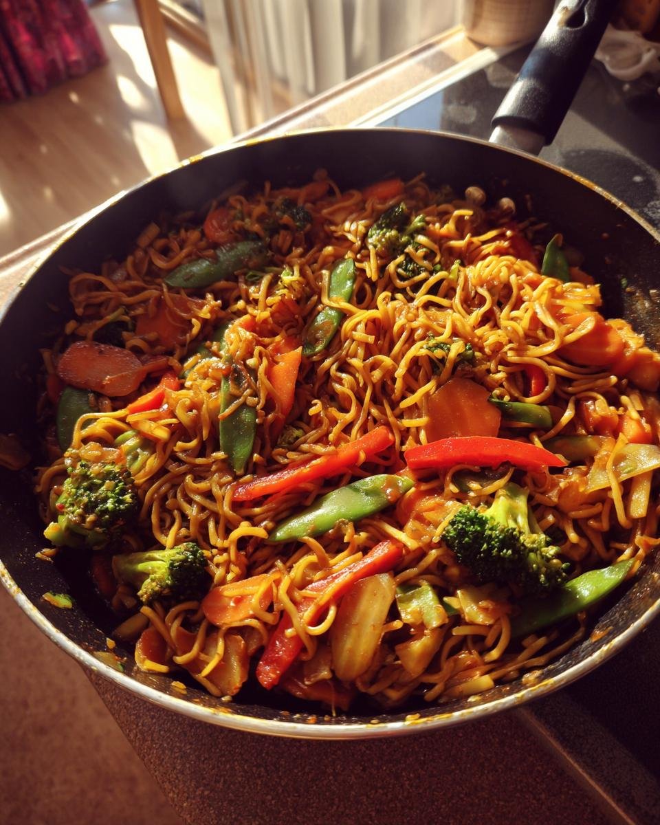 Pfanne mit Schnelle Chinesische Gebratene Nudeln mit Gemüse, inklusive Brokkoli, Karotten und Paprika.