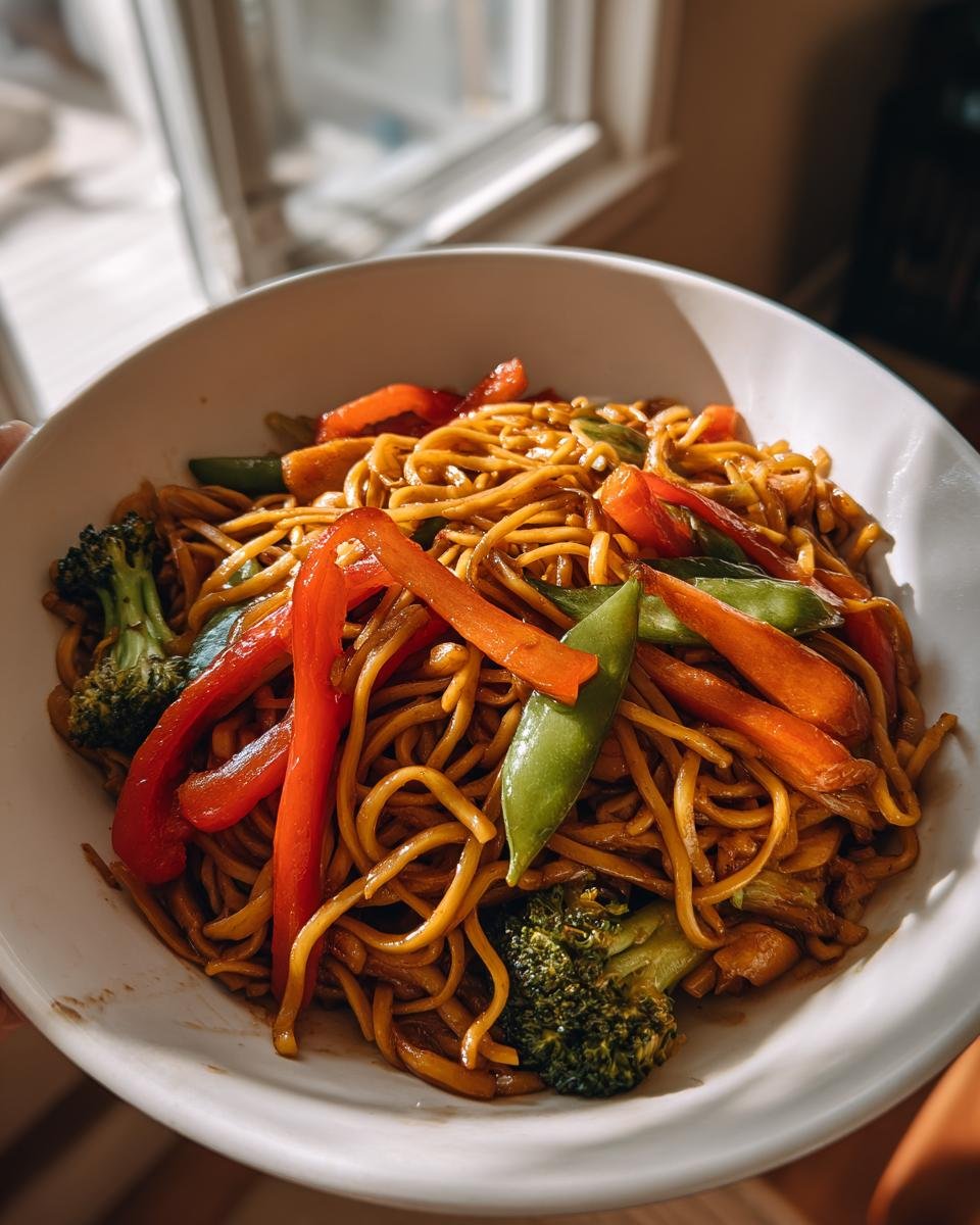 Bowl of Schnelle Chinesische Gebratene Nudeln mit Gemüse, including broccoli, peppers, and snow peas.