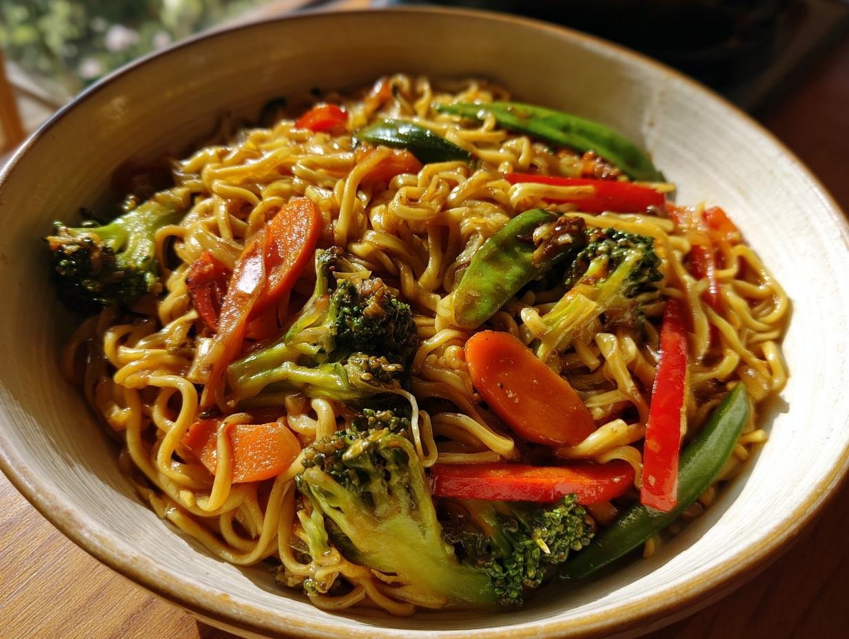 Bowl of Schnelle Chinesische Gebratene Nudeln mit Gemüse, featuring broccoli, carrots, and red peppers.