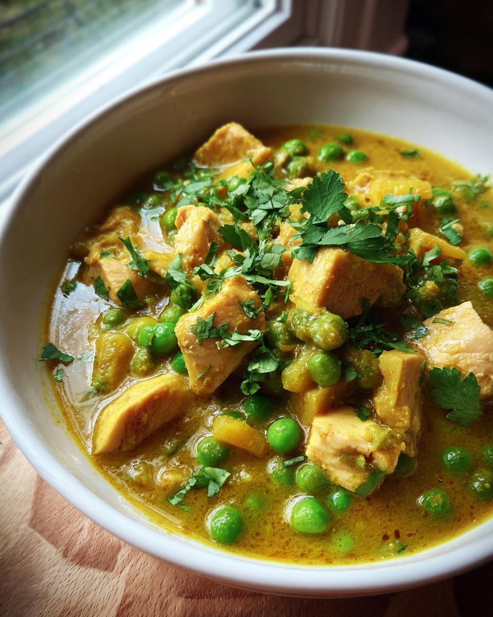 Bowl of Schnelle & Cremige Geflügel-Curry-Suppe, garnished with fresh herbs and peas.