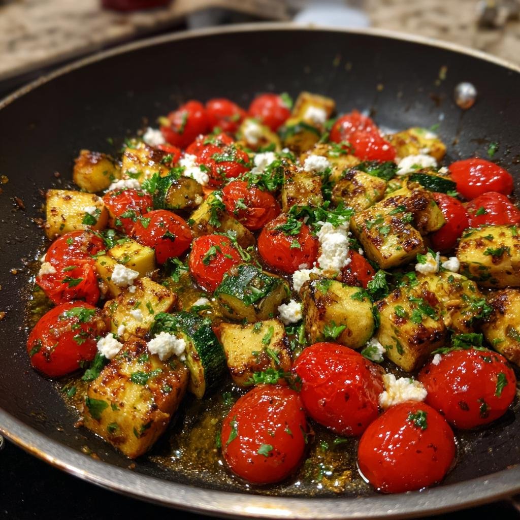 Schnelle Gebratene Zucchini mit Tomaten & Feta in einer Pfanne, garniert mit Petersilie.