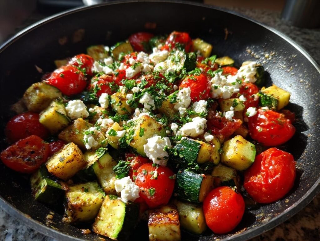 Schnelle Gebratene Zucchini mit Tomaten & Feta in a pan, garnished with herbs. A quick and delicious dish.