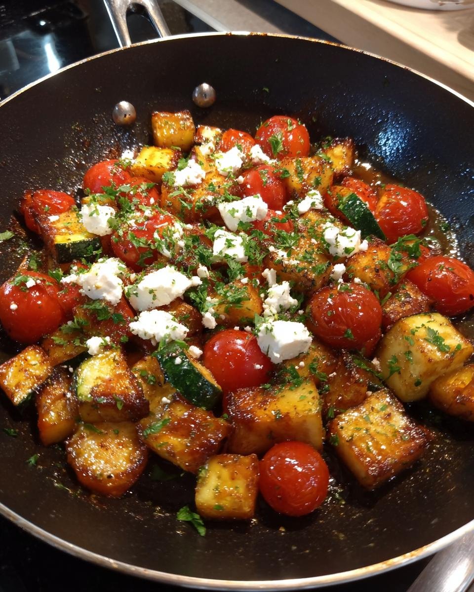Schnelle Gebratene Zucchini mit Tomaten & Feta in a pan, garnished with parsley.