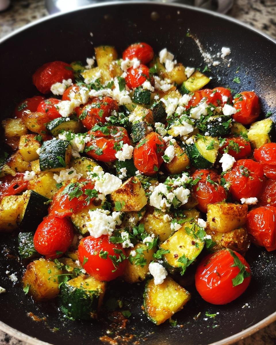 Close-up of Schnelle Gebratene Zucchini mit Tomaten & Feta in a pan, garnished with herbs.