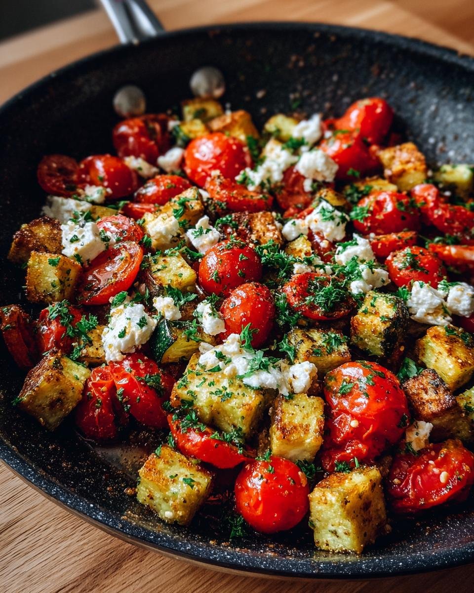 Schnelle Gebratene Zucchini mit Tomaten & Feta, garnished with parsley, in a pan. A quick and easy German dish.