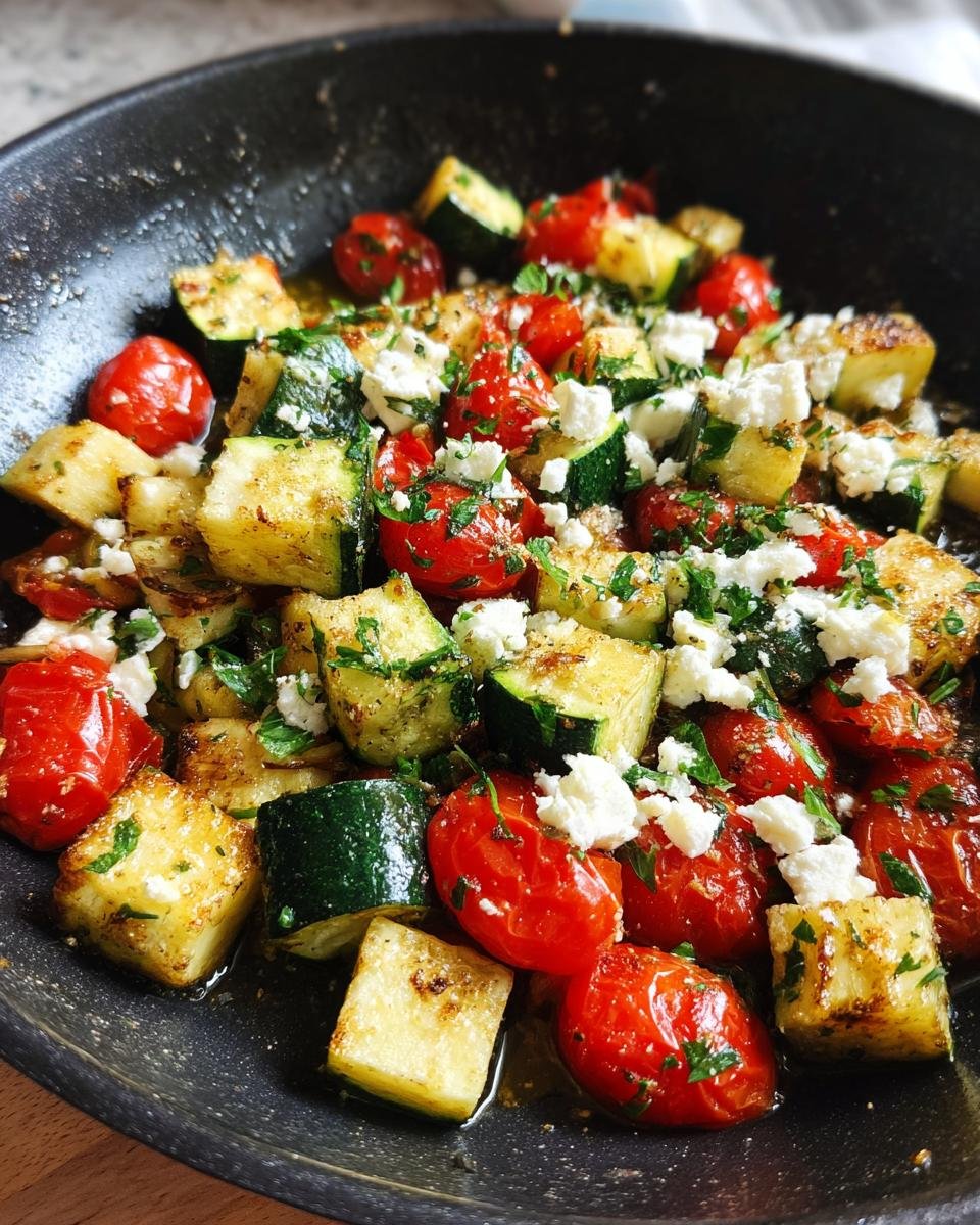 Schnelle Gebratene Zucchini mit Tomaten & Feta, cooked in a pan and garnished with fresh herbs.