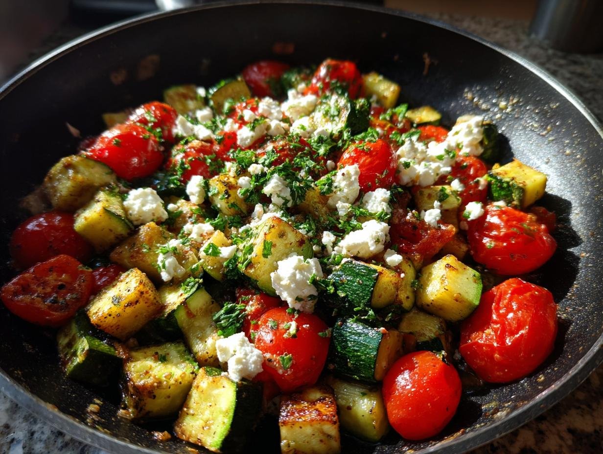 Schnelle Gebratene Zucchini mit Tomaten & Feta in a pan, garnished with herbs. A quick and delicious dish.