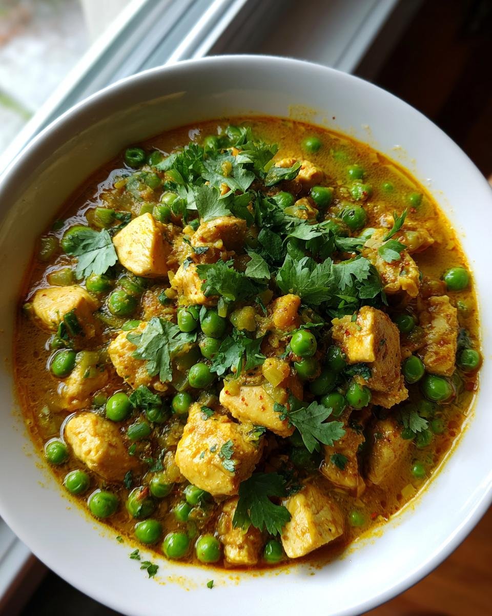 Schüssel mit Schnelle & Cremige Geflügel-Curry-Suppe, garniert mit frischer Petersilie und Erbsen.