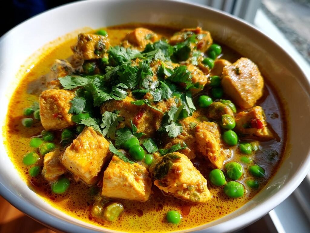 Close-up of Schnelle & Cremige Geflügel-Curry-Suppe with chicken, peas, and cilantro in a bowl.