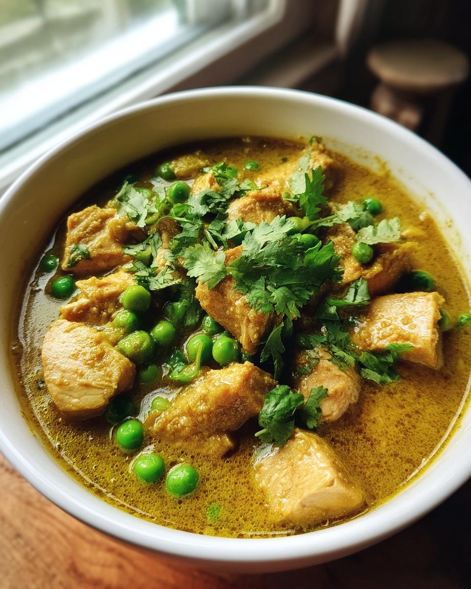 Close-up of Schnelle & Cremige Geflügel-Curry-Suppe in a white bowl, garnished with peas and cilantro.