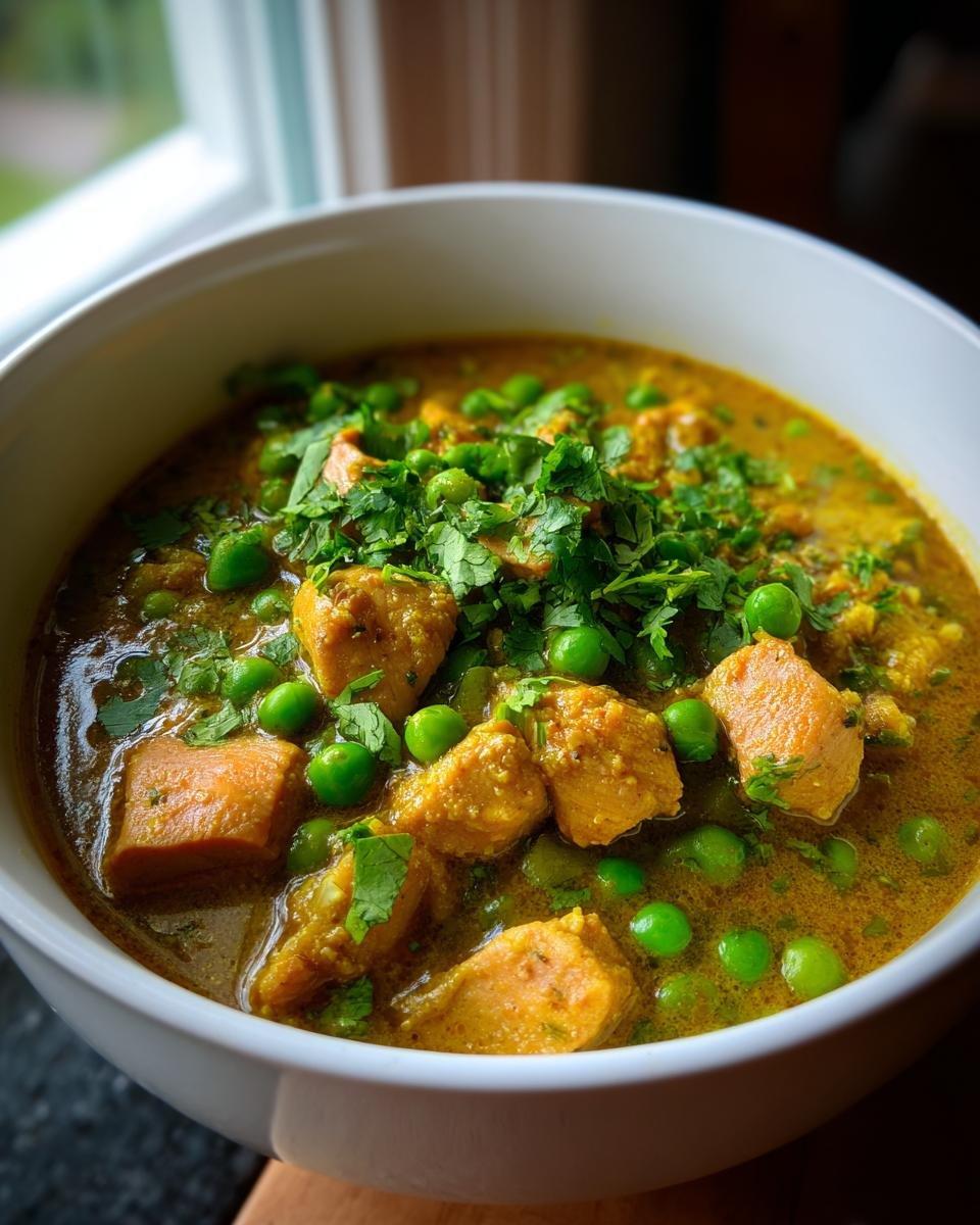 Bowl of Schnelle & Cremige Geflügel-Curry-Suppe garnished with peas and cilantro, showcasing the creamy texture.