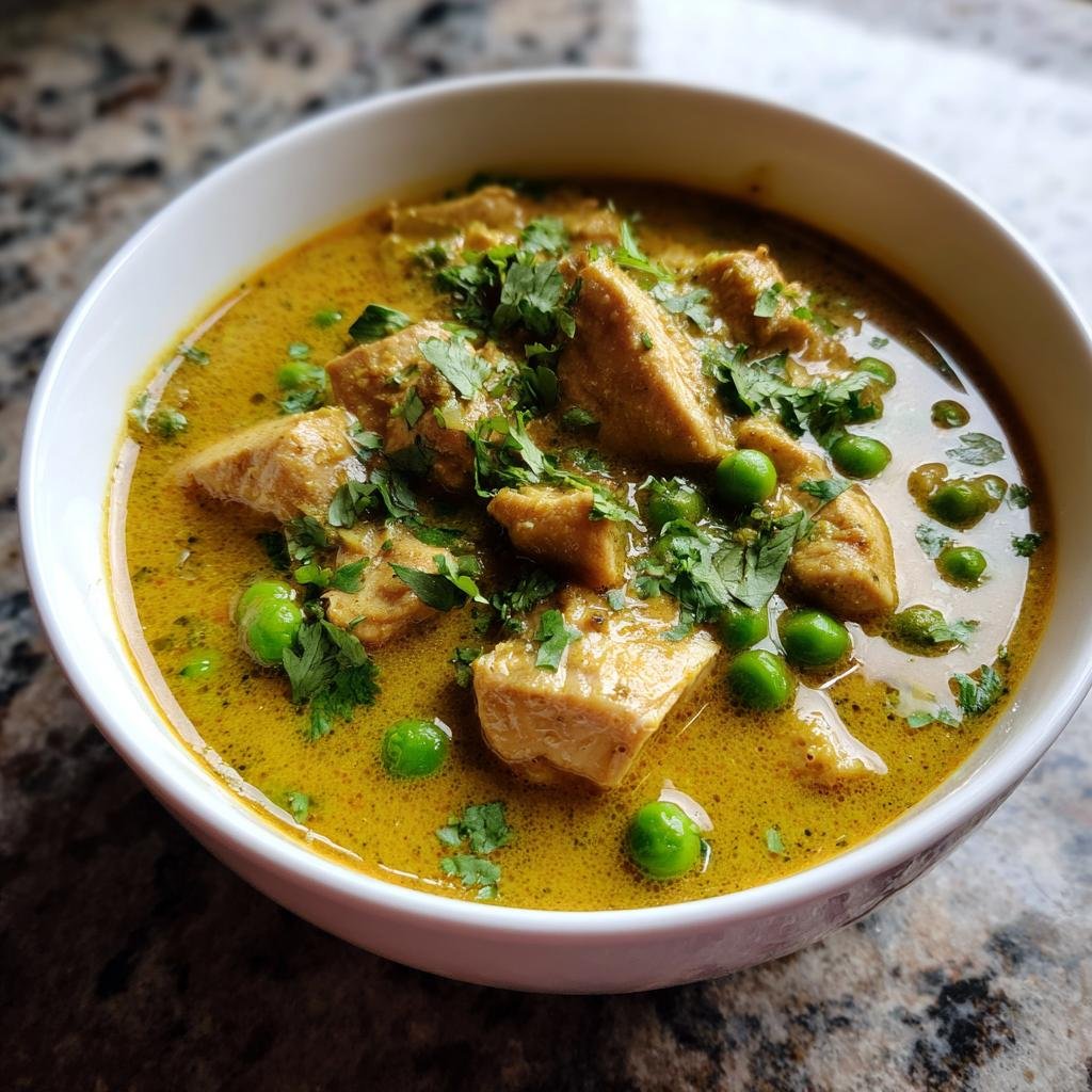 Close-up of Schnelle & Cremige Geflügel-Curry-Suppe (fast & creamy chicken curry soup) in a white bowl, garnished with peas and parsley.