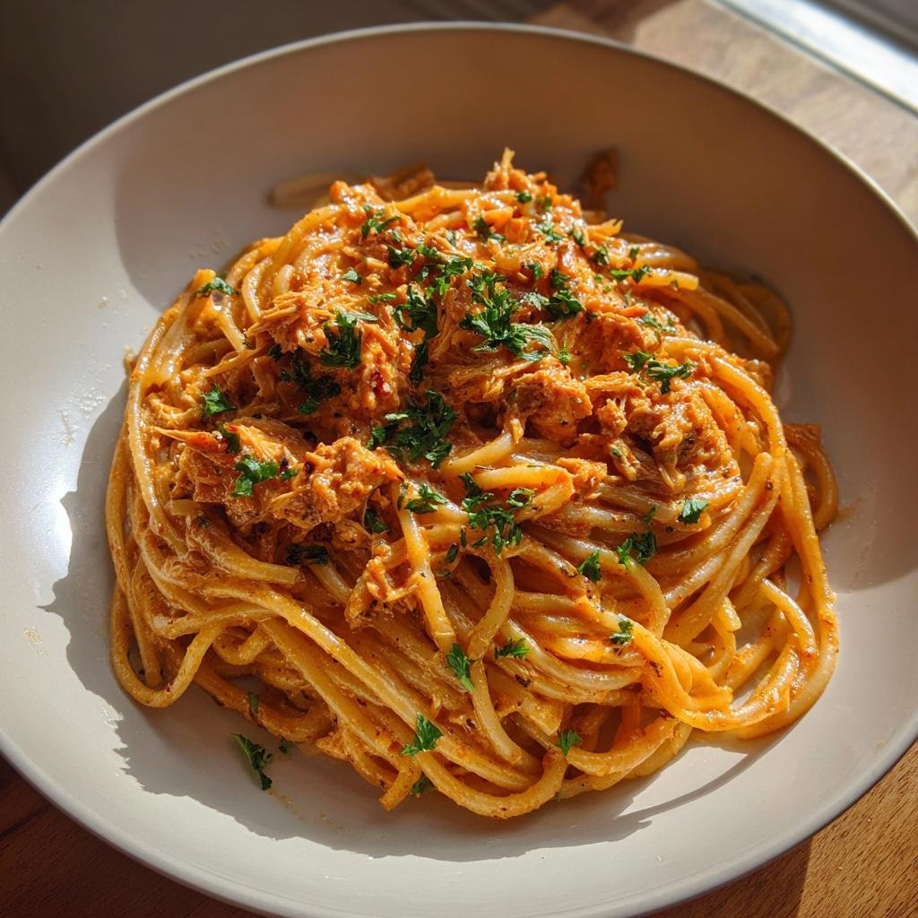 A plate of Schnelle Spaghetti mit Thunfisch in cremiger Tomaten-Sahne-Sauce, garnished with fresh parsley.