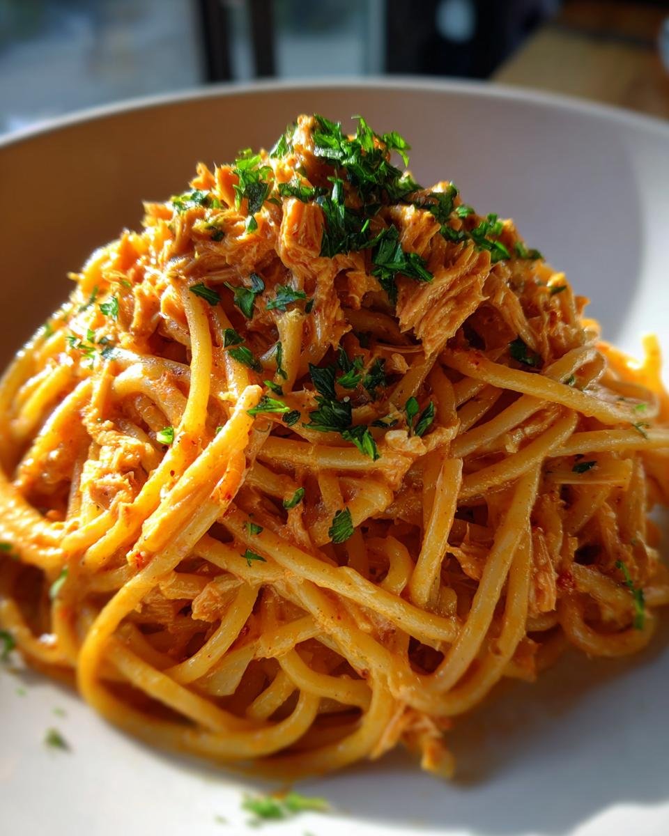 Close-up of Schnelle Spaghetti mit Thunfisch in cremiger Tomaten-Sahne-Sauce, garnished with parsley.