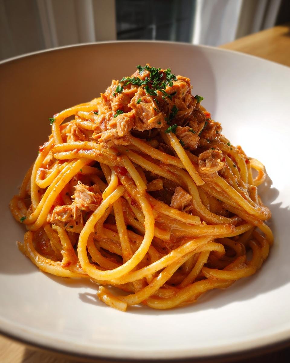 A bowl of Schnelle Spaghetti mit Thunfisch in cremiger Tomaten-Sahne-Sauce, topped with fresh parsley.