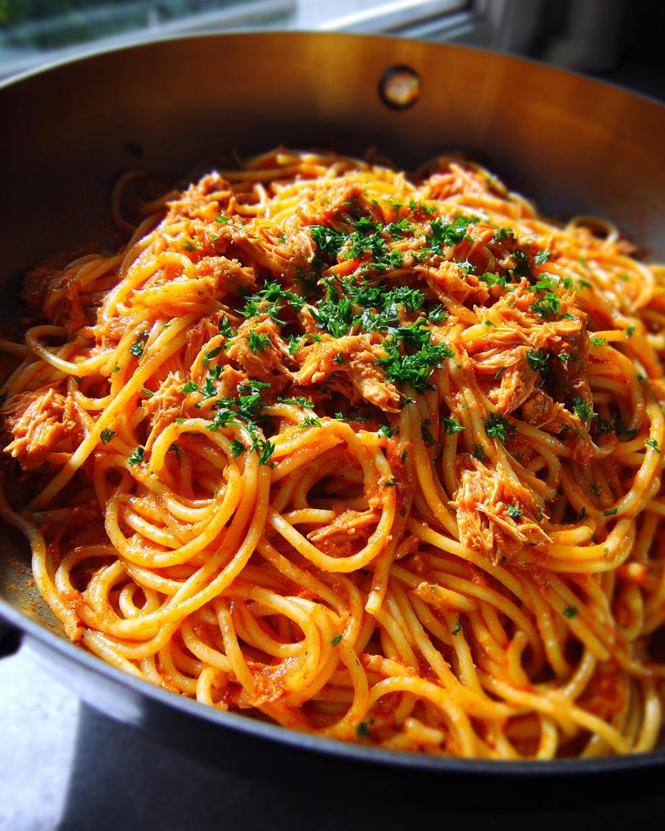 Close-up of Schnelle Spaghetti mit Thunfisch in cremiger Tomaten-Sahne-Sauce, garnished with fresh parsley.