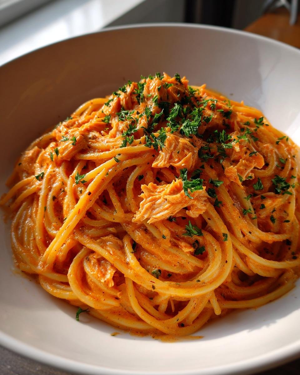 Close-up of Schnelle Spaghetti mit Thunfisch in cremiger Tomaten-Sahne-Sauce, garnished with parsley.
