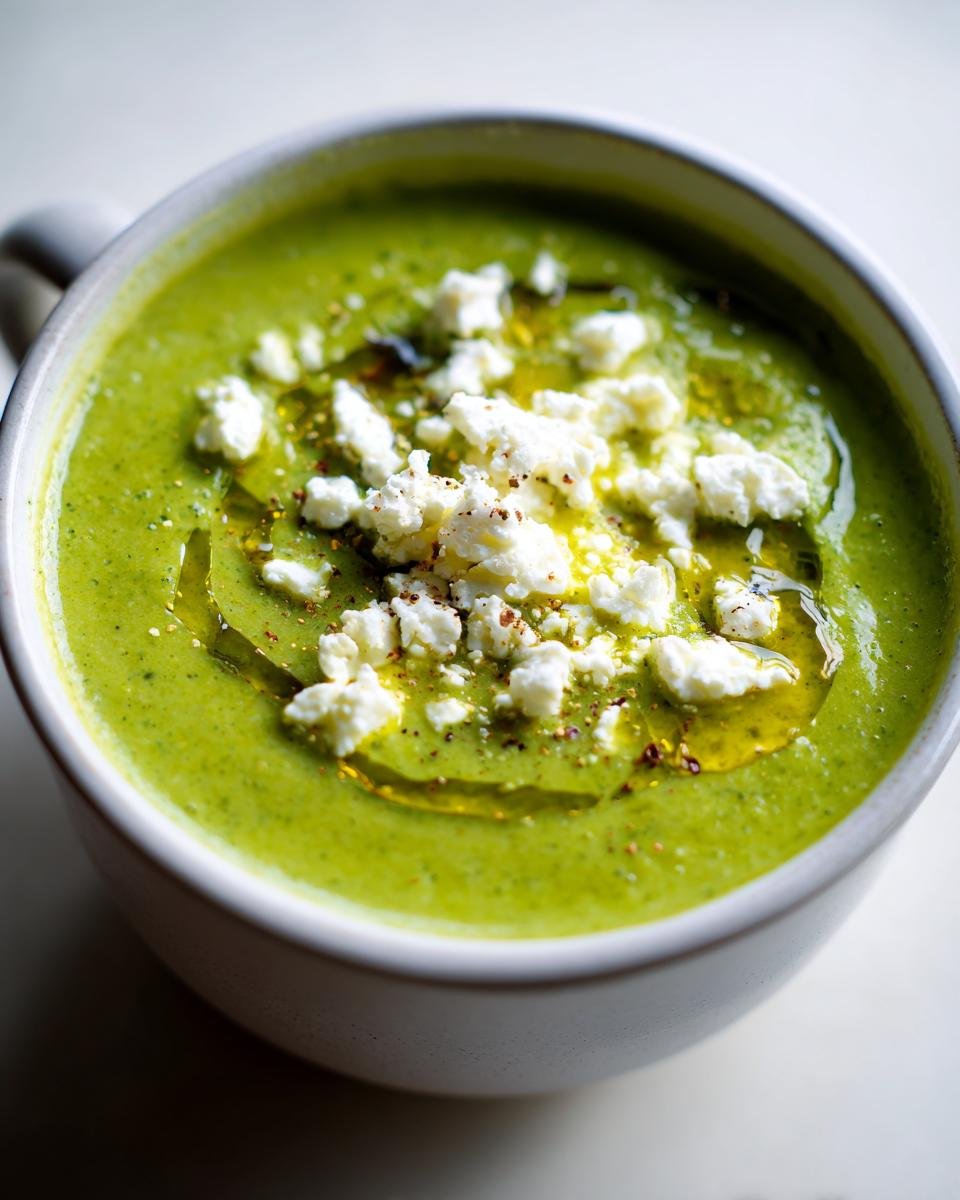Close-up of a bowl of Schnelle Spinat-Feta-Suppe, topped with feta cheese and olive oil.