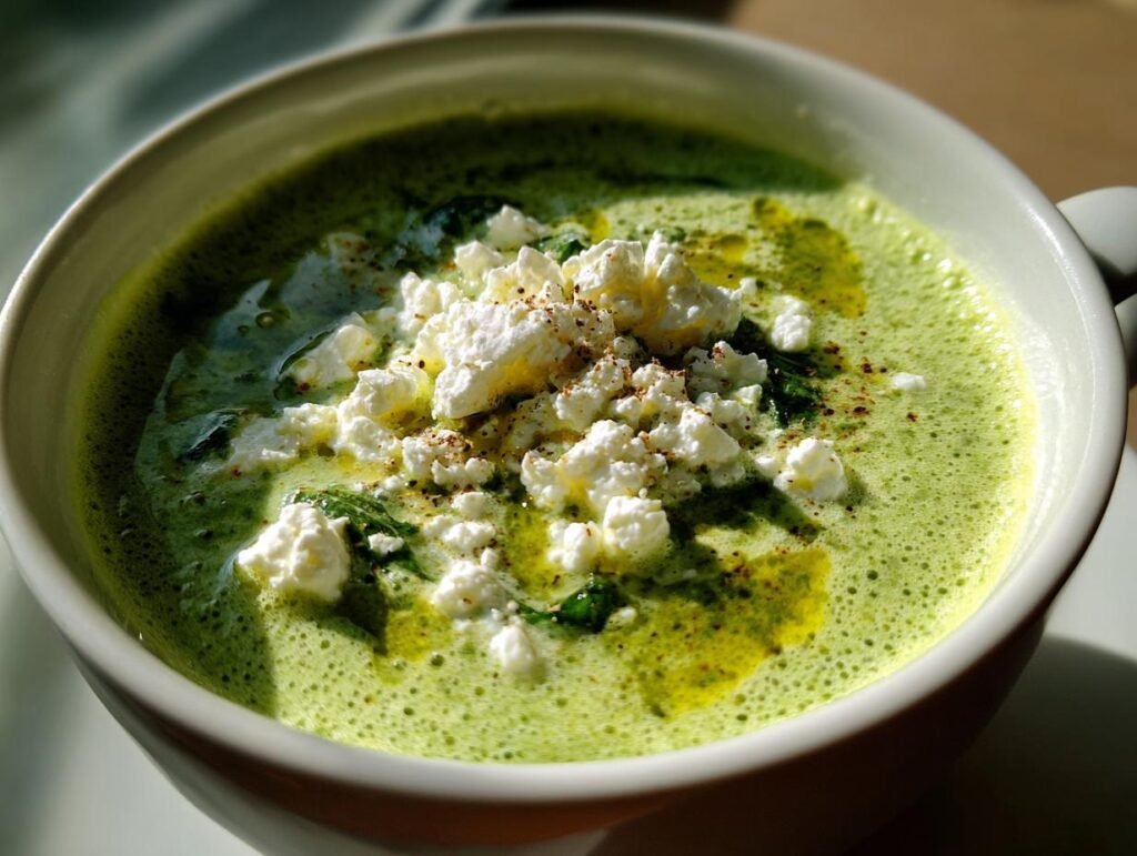 Bowl of Schnelle Spinat-Feta-Suppe, a creamy spinach and feta soup, topped with feta crumbles and spices.